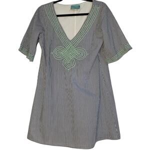 Judith March Blue White striped Embroidered Lined Shift Dress sz Large